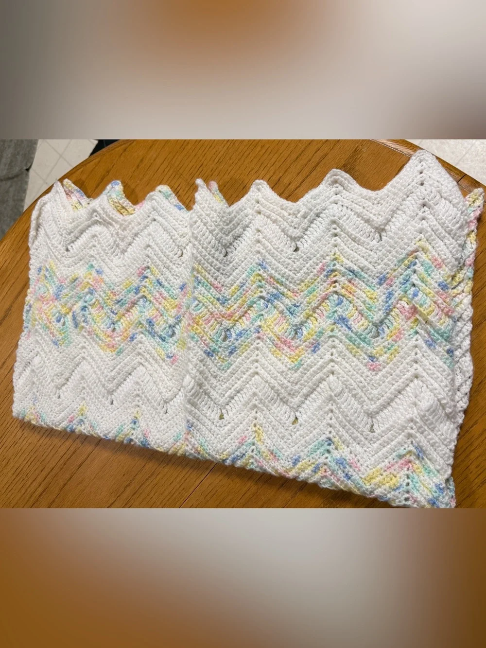 Vintage Hand Crochet Baby Blanket White Pastel Variegated Chevron Ripple Afghan